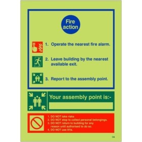 3 point glow in the dark fire action sign with your assembly point is section
