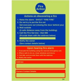 Glow in the dark hotel guest house fire action notice sign