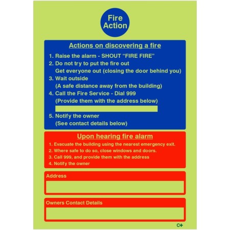 Glow in the dark hotel guest house fire action notice sign