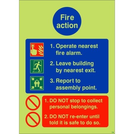 Glow in the dark operate nearest fire alarm sign with evacuation instructions