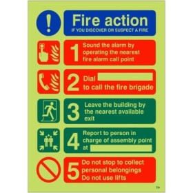 Glow in the dark fire action notice sign if you discover or suspect a fire