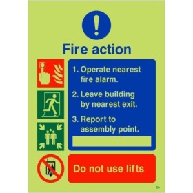 3 point glow in the dark fire action sign with do not use lifts warning