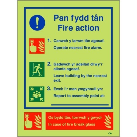 Glow in the dark 3 point Welsh and English fire action notice sign