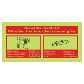 Glow in the dark fire blanket fire ID sign in Welsh and English