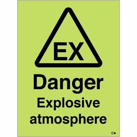 Glow in the dark Danger Explosive Atmosphere sign with EX hazard symbol