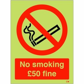 Glow In The Dark No Smoking £50 Fine prohibition safety sign