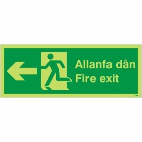 Glow In The Dark Fire Exit Arrow Left Welsh and English Sign