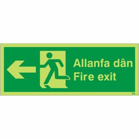 Glow In The Dark Fire Exit Arrow Left Welsh and English Sign