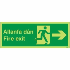 Glow In The Dark Fire Exit Arrow Right Welsh and English Sign