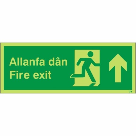 Glow In The Dark Fire Exit Arrow Up Welsh and English Sign