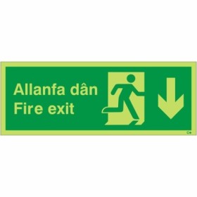 Glow In The Dark Fire Exit Arrow Down Welsh and English Sign