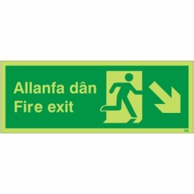 Glow In The Dark Fire Exit Arrow Down Right Welsh and English Sign