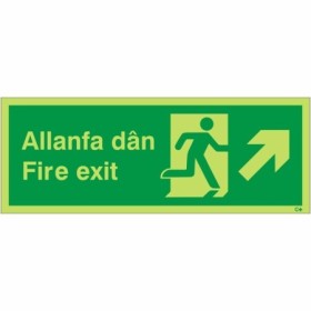 Glow In The Dark Fire Exit Arrow Up Right Welsh and English Sign
