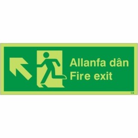 Glow In The Dark Fire Exit Arrow Up Left Welsh and English Sign