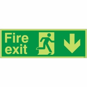 Glow in the dark fire exit down sign with running man and downward arrow