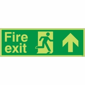 Glow in the dark fire exit sign with upward arrow and running man symbol