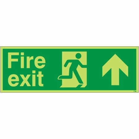 Glow in the dark fire exit sign with upward arrow and running man symbol