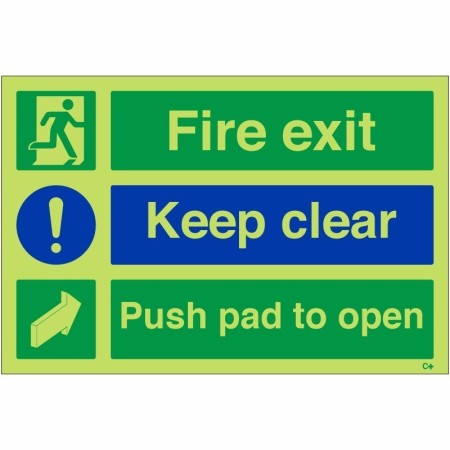 Glow In The Dark Fire Exit Keep Clear Push Pad To Open Sign