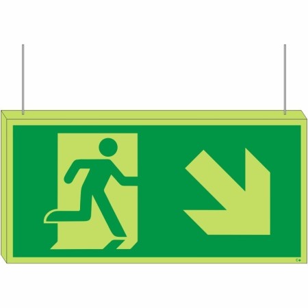 Double sided glow in the dark fire exit arrow down right hanging sign