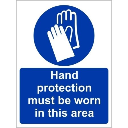 Hand Protection Must Be Worn In This Area Sign with mandatory protective gloves symbol