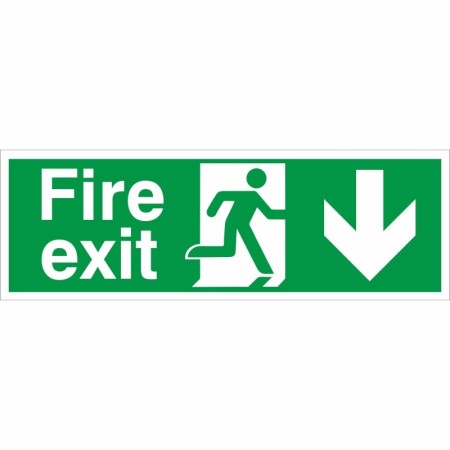 Fire Exit Arrow Down Sign with downward-pointing arrow and running person symbol