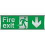 Brushed aluminum Fire Exit Arrow Down Sign with running man symbol and downward arrow