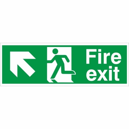 Fire Exit Arrow Up Left Sign with upper-left arrow and running person symbol