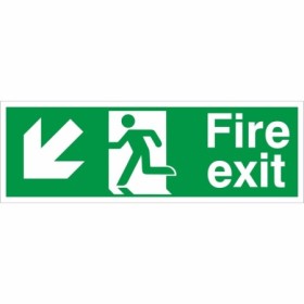 Fire Exit Arrow Down Left Sign with lower-left arrow and running person symbol