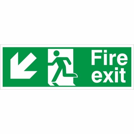 Fire Exit Arrow Down Left Sign with lower-left arrow and running person symbol