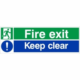 Fire Exit Keep Clear Sign with emergency exit and mandatory safety symbols