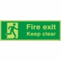  Glow in the dark fire exit keep clear sign with running man symbol for unobstructed escape routes.