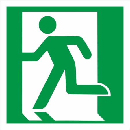 Fire Exit Man Running Left Sign with green and white running man symbol