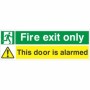 Fire Exit Only This Door Is Alarmed Sign with running person and warning symbols