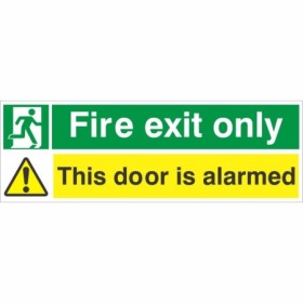 Fire Exit Only This Door Is Alarmed Sign with running person and warning symbols