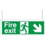  Hanging fire exit sign with down right arrow and running escape figure