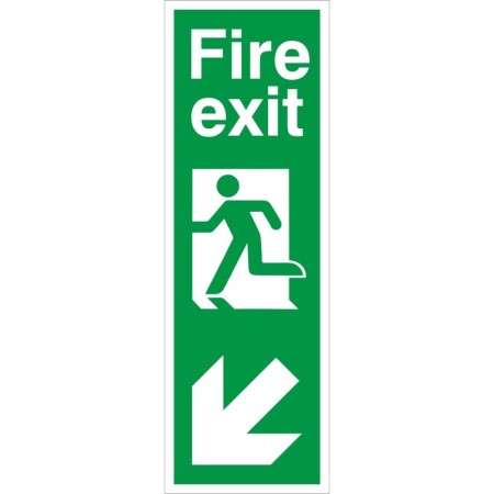 Fire Exit Arrow Down Left Sign with down-left arrow and running person symbol