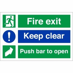 Fire Exit Keep Clear Push Bar To Open Sign with emergency exit and push bar symbols