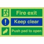 Glow in the Dark Fire exit keep clear push pad to open safety sign
