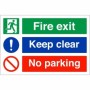 Fire Exit Keep Clear No Parking Sign with emergency exit, mandatory and prohibition symbols