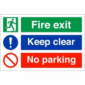 Fire Exit Keep Clear No Parking Sign with emergency exit, mandatory and prohibition symbols