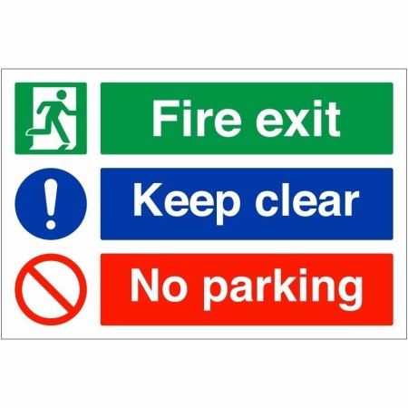 Fire Exit Keep Clear No Parking Sign with emergency exit, mandatory and prohibition symbols