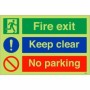 Glow in the Dark Fire exit keep clear no parking safety sign with emergency exit and prohibition symbols