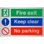 Brushed aluminum Fire exit keep clear no parking safety sign with emergency exit and prohibition symbols