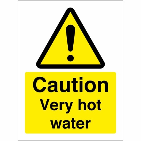 Caution Very Hot Water Sign with yellow and black warning symbol