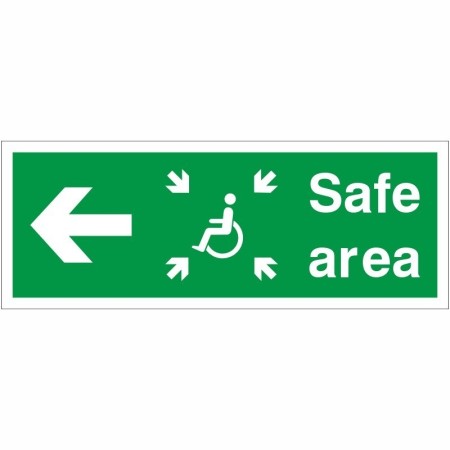 Safe Area Left Refuge Sign with wheelchair symbol and left-pointing arrow