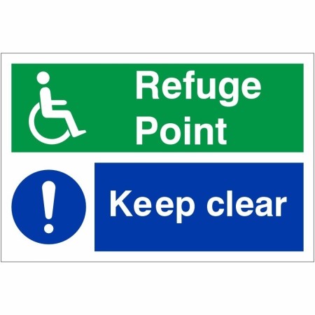 Refuge Point Keep Clear Sign with wheelchair and mandatory symbols