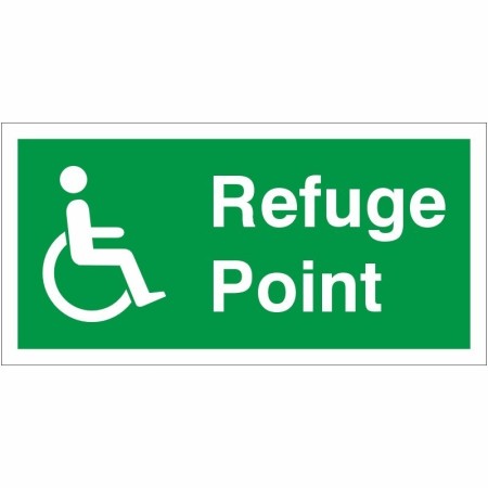 Refuge Point Sign with white wheelchair symbol on green background