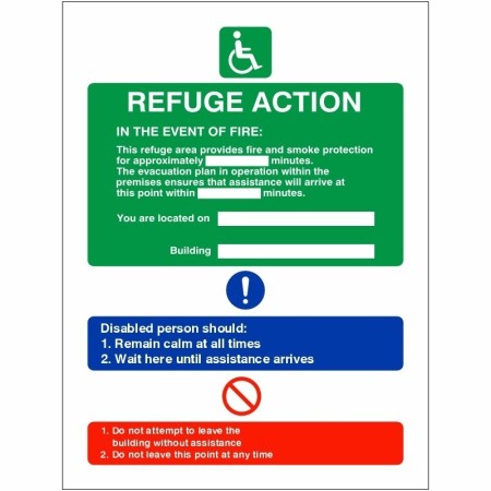 Fire Action Refuge Sign with emergency instructions for disabled persons