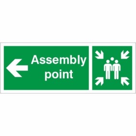 Assembly Point Arrow Left Sign with green and white directional arrow and assembly point symbol