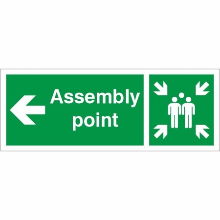 Assembly Point Arrow Left Sign with green and white directional arrow and assembly point symbol